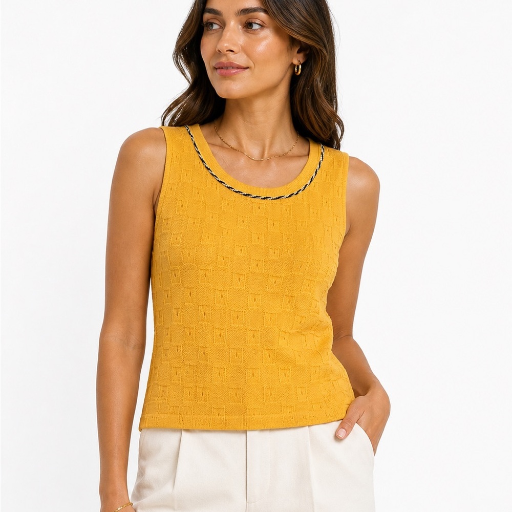 St John Yellow Knit Shell Top Small Textured Sleeveless, designer sweater tank